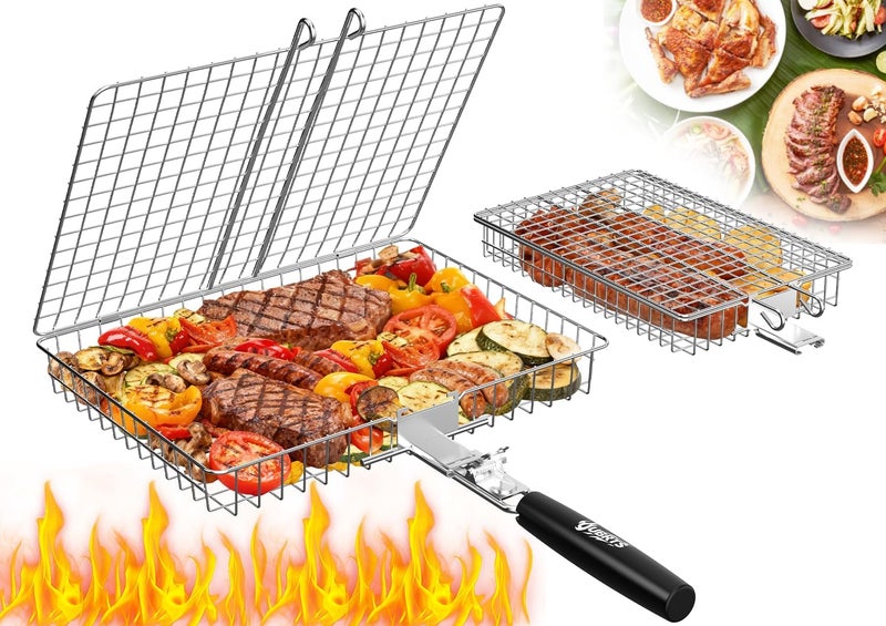 OUBRTS Grill Baskets for Outdoor Grill, 2PCS BBQ Grilling Basket with Removable Wooden Handle, Stainless Steel Camping Cooking Grill Accessories for Meat Fish Vegetable Seafood, Gifts for Men Dad Husband - Image 1